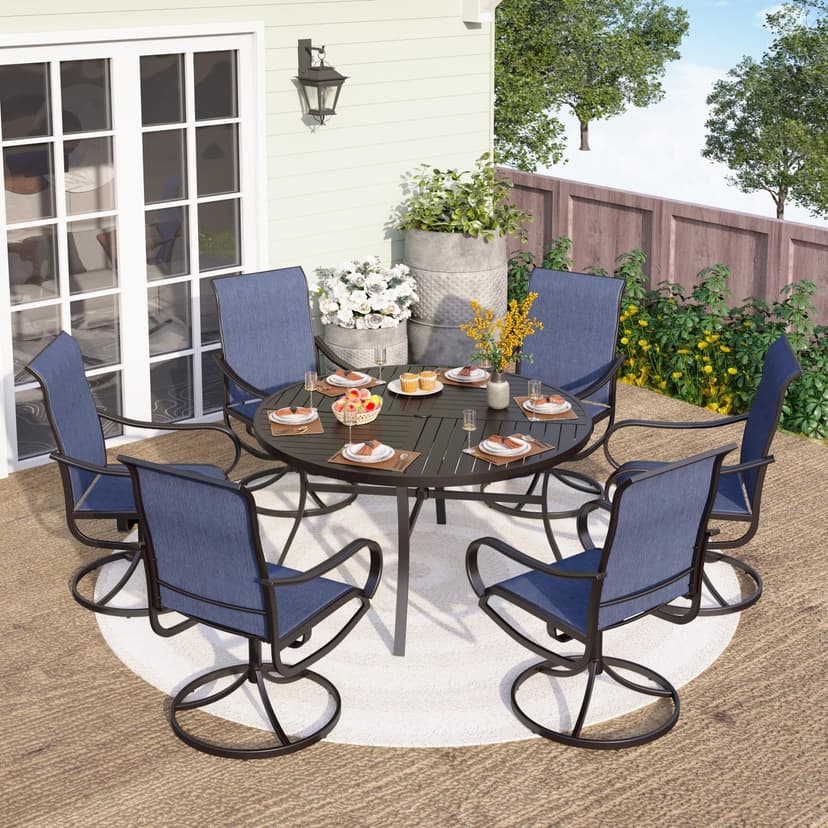 PHI VILLA 7 Piece Outdoor Patio Dining Set with 6 Swivel Dining Chairs & 1 Large Round Dining Table, Blue Textilene Mesh Fabric Chair and 54" Metal Table for All Weather