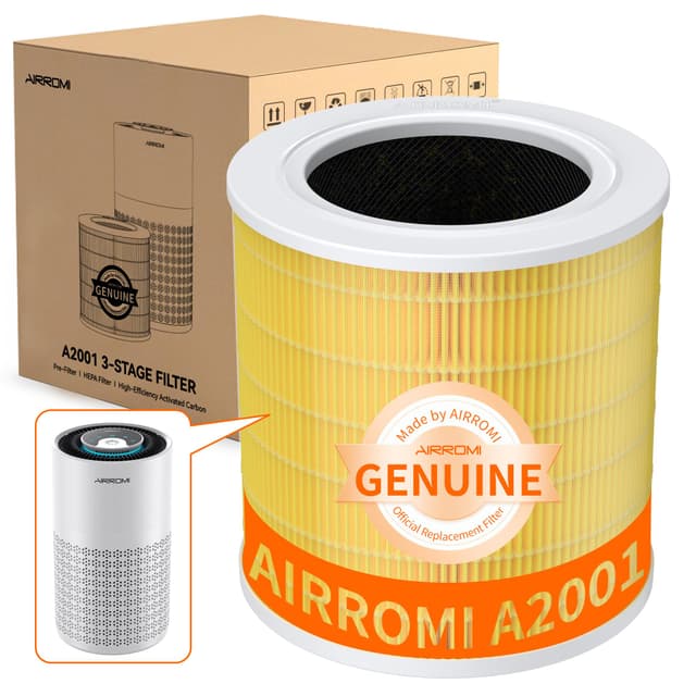 AIRROMI A2001 HEPA Air Purifier Replacement: Original 3-in-1 Filter, Removes 99.97% of 0.3 Micron Particles, Yellow Activated Carbon Filter - Pets & Allergen Specific 1 Pack