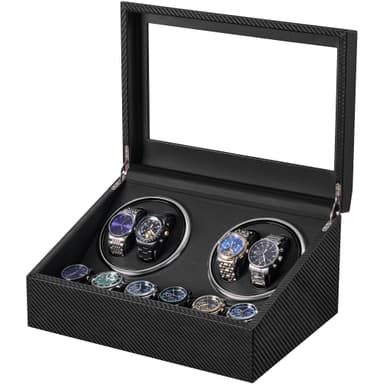 BEWISHOME Watch Winders for Automatic Watches, 4 Watch Winder and 6 Storage Case with Quiet Japanese Motor, Automatic Watch Winder Box Watch Rotator with Type-C Adapter, Carbon Fiber SYQ31C