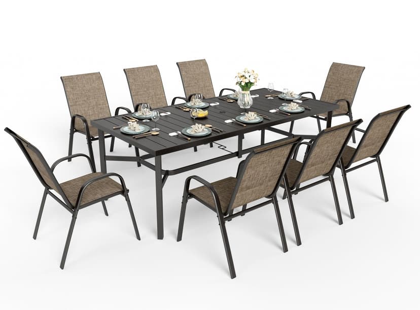 PHI VILLA 9 Piece Patio Table and Chairs Set for 8 Person, Large Metal Slat Rectangle Table and Stackable Patio Chairs with Textilene Mesh Fabric, All Weather Patio Furniture Set for Deck Lawn Garden