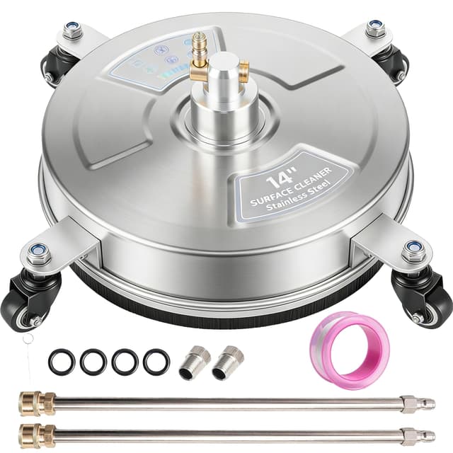 Hourleey 14" Pressure Washer Surface Cleaner, Stainless Steel Surface Cleaner with 4 Wheels for Concrete, Patio, Sidewalk, Deck, Pathway 1/4" Quick Connector, 2 Extension Wand, 4000 PSI