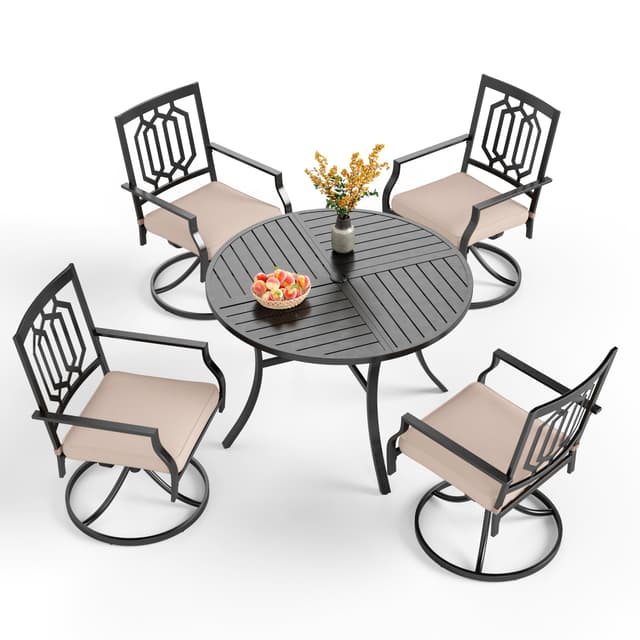 PHI VILLA 5 Pieces Outdoor Dining Set for 4, Round Metal Wrought Iron Table with Umbrella Hole & Swivel Metal Steel Chairs with Cushions, Large Modern Furniture for Patio, Deck, Backyard, Porch