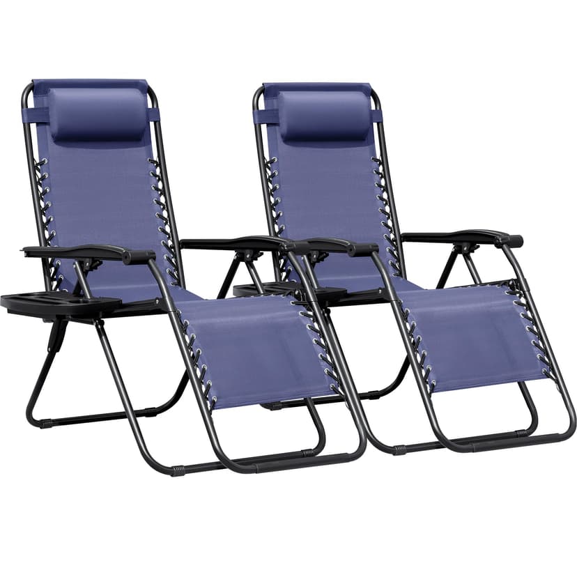 Greesum Zero Gravity Chairs Set of 2 Adjustable Steel Mesh Recliners Beach Deck Lawn Camping Patio Foldable Lounge Chair with Cup Holder Trays and Pillows,Blue