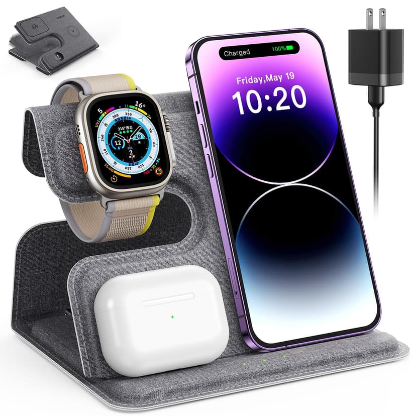 3 in 1 Charging Station for Apple, Charging Station for Multiple Devices for Apple, Wireless Charger for iPhone 17 Air 16e16 15 14 13 12 11 X 8 Series, for Apple Watch, for AirPods(Foldable)