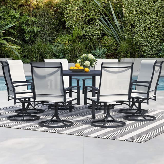 9 Pieces Outdoor Table and Chairs for 8, 60" Black Round Table with 8 Oyster Beige Swivel Chairs, Patio Set with Swivel Chair, Garden Tables for Outdoor, Patio Dining Set for Lawn Backyard Poolside