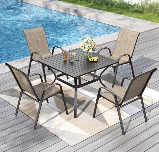 PHI VILLA 5 Piece Outdoor Dining Set with 4 Stackable Patio Chairs and a 37'' Metal Slat Square Table, All Weather Small Patio Furniture Set for Deck Lawn Garden Poolside Backyard