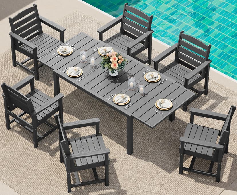 SERWALL 7-Piece Patio Dining Sets, 60" - 83" Expandable Outdoor Dining Table and 6 HDPE Chairs, All Weather HDPE Outdoor Furniture Set for Backyard, Garden, Grey