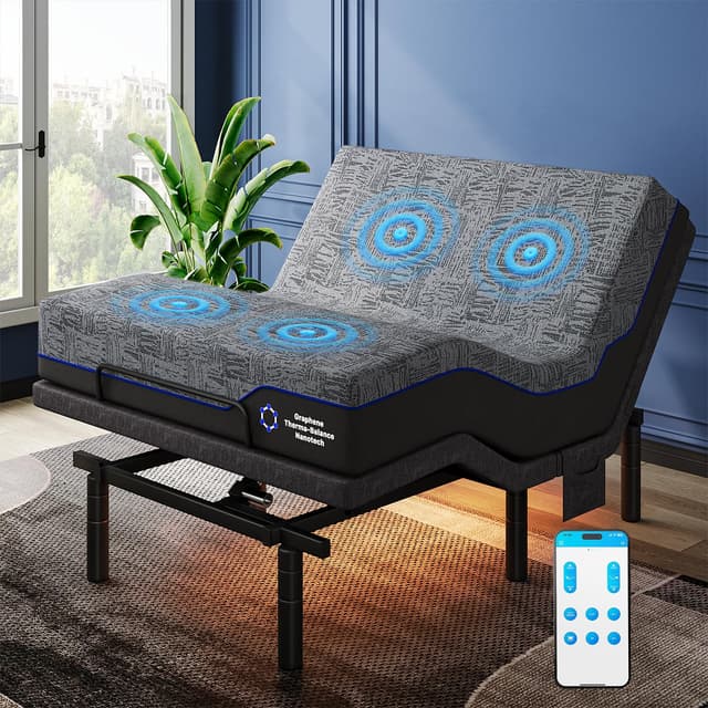 Pipishell Queen Adjustable Bed Frame and 10 Inch Memory Foam Mattress, Massage, Smart APP Contorl, Zero Gravity, Anti-Snore, Head and Foot Incline, Wireless Remote, 4 USB Ports, LED Night Light