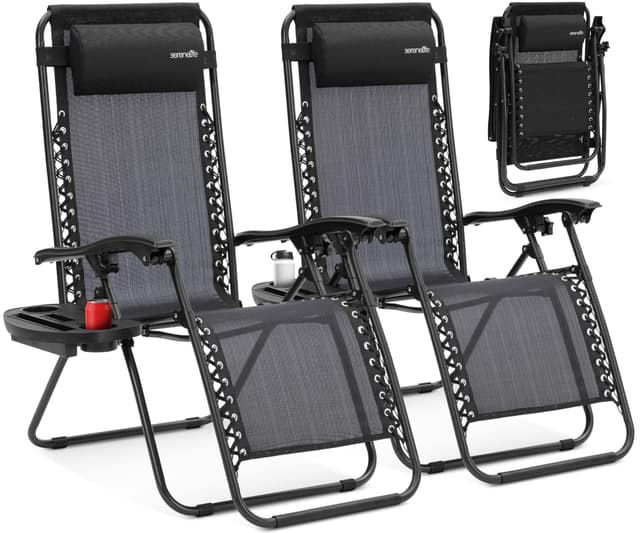SereneLife Zero Gravity Outdoor Lounge Chairs 2 Pack – Folding Recliners with Side Table, Cup Holder & Padded Headrest – Adjustable Patio Chairs for Lawn, Garden, Deck, Camping (Black)