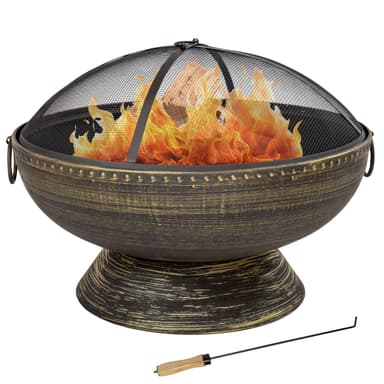 Sunnydaze 30-Inch Large Outdoor Fire Pit - Wood Burning Fire Pit for Outside with Poker and Screen - Black Finish - Regal Cauldron