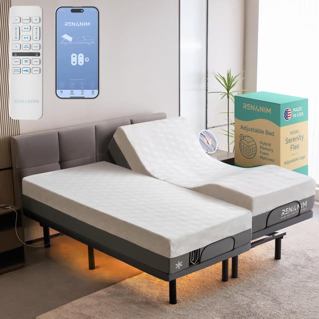 Renanim SF Split King Electric Adjustable Bed Frame with 10" Hybrid Memory Foam Mattress - Adjustable Mattress Base with Electric Massage, USB, UnderBed Light & Wireless Remote