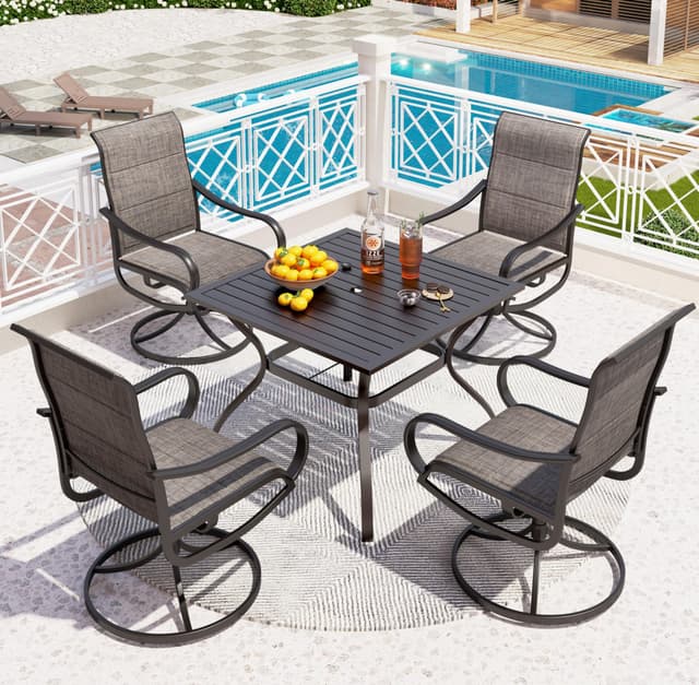 PHI VILLA 5 Piece Patio Dining Set with 4 Padded Outdoor Swivel Dining Chairs and 37"x 37" Metal Steel Dining Table with Umbrella Hole, Outdoor Dining Table and Chairs Set for Deck Pool Lawn