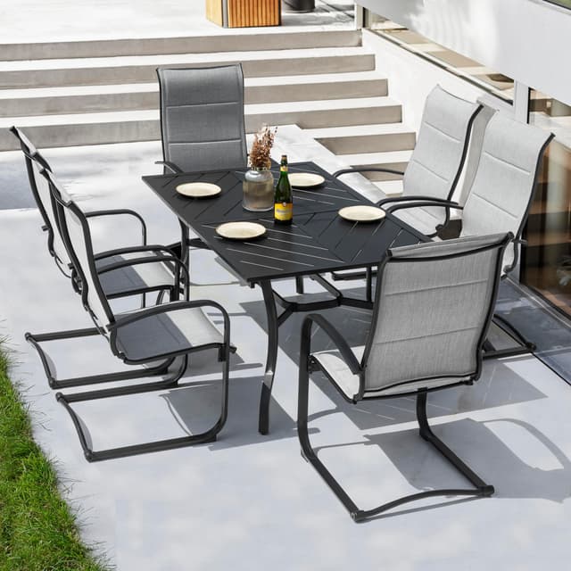 NUU GARDEN 7 Piece Outdoor Patio Dining Set, 6 Textilene Dining Chairs and 61" Rectangular Patio Dining Table with 1.77" Umbrella Hole, for Backyard, Patio, Garden, Gray and Black