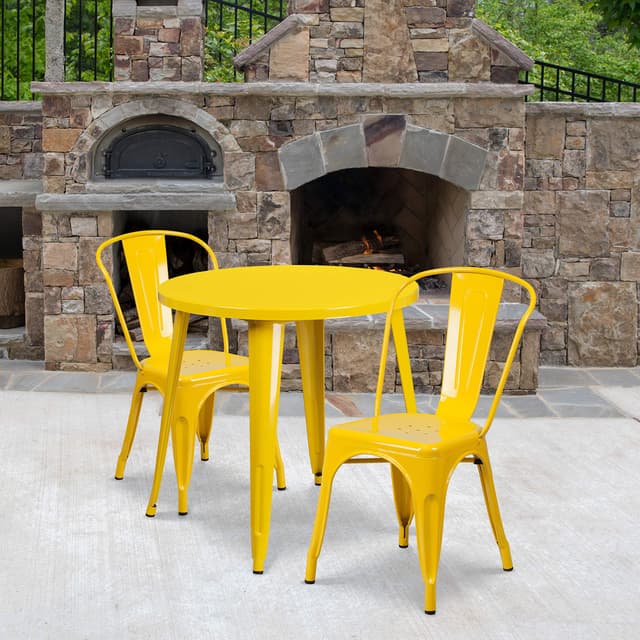 EMMA + OLIVER Commercial 30" Round Yellow Metal Indoor-Outdoor Table Set with 2 Cafe Chairs
