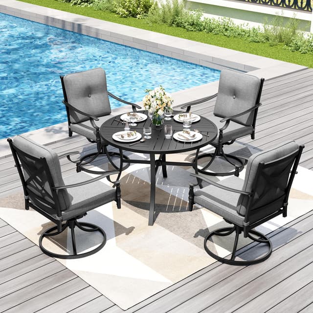 PHI VILLA 5 Pieces Outdoor Round Dining Set for 4, Steel Circle Table with Umbrella Hole & Swivel Wrought Iron Gray Chairs, Modern Dining Furniture Set with Cushions for Patio, Deck, Yard, Porch