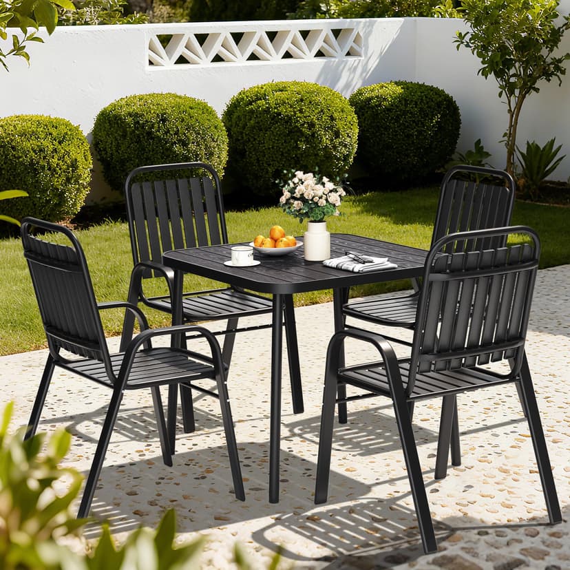 Pamapic Outdoor Dining Sets for 4, Square Table with Adjustable Umbrella Hole with 4 Plastic Chairs, 5 Piece Patio Table and Chairs Set for Garden, Backyard, Poolside and Lawn (Black)