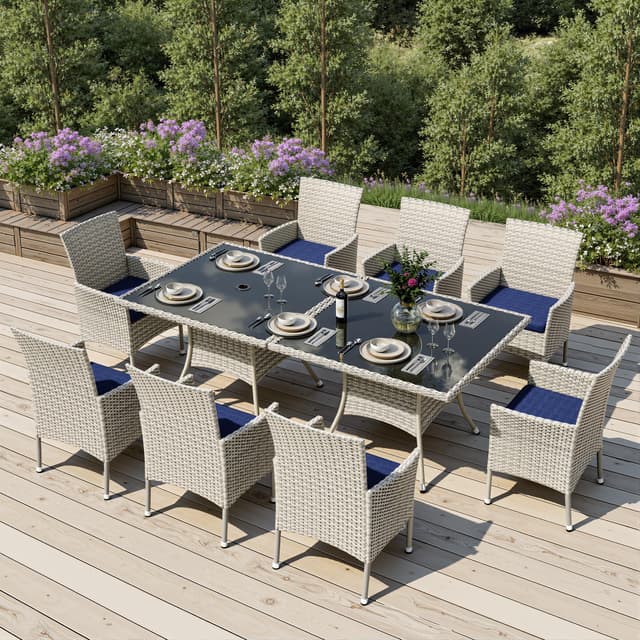 Sweecci Outdoor Dining Set, 10-Piece Patio Furniture Set with Tempered Glass Table and 8 Cushioned Chairs, Dual-Strand Wicker Rattan, Balcony Furniture for Backyard, Garden, Deck,– Navy Blue