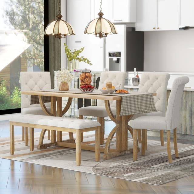 Merax 6-Piece Solid Wood Kitchen Dining Room Table Set with Bench and Upholstered Chairs for 6 Persons, Dining Table Set with with Rectangulars Table and Upholstered Seat, Natural Wood Wash