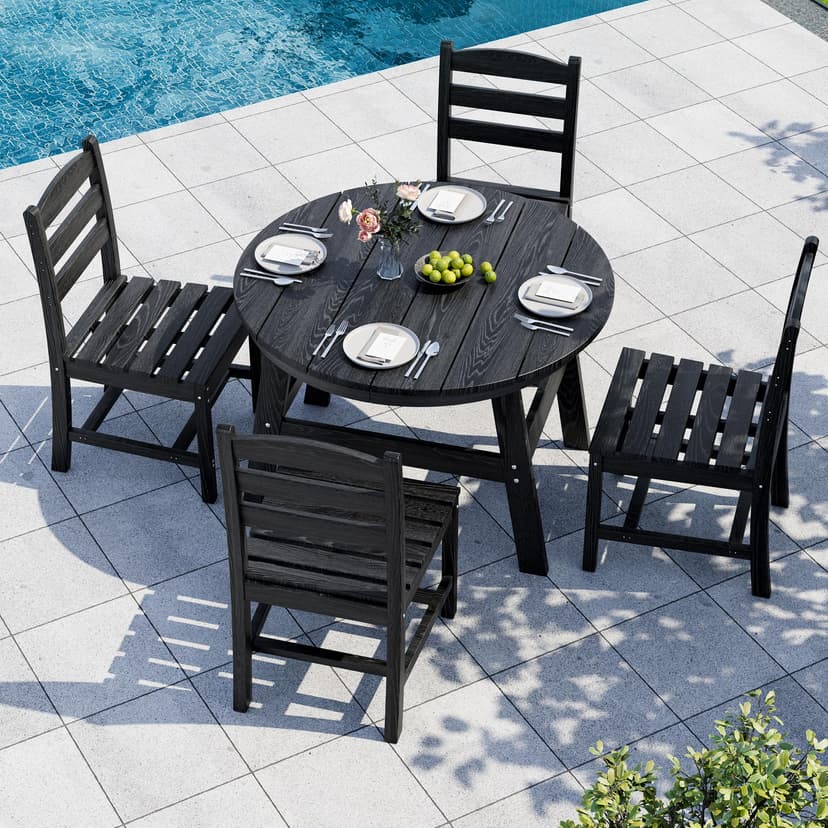PamapicLife 5 Piece Round Outdoor Dining Set, Relaxing HDPE Outdoor Table and Chairs with 105° Ergonomic Backrest, All-Weather Patio Table and Chairs Set with Umbrella Hole for Porch, Poolside, Black