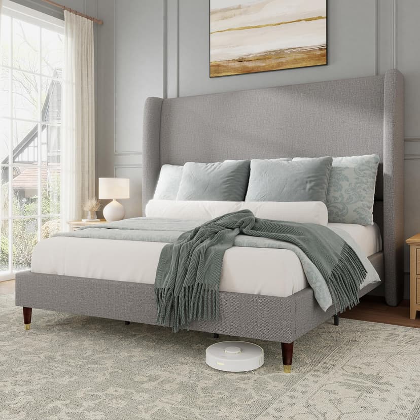 Jocisland King Size Bed Frame 51.2" Wingback Headboard Linen Upholstered Platform Bed with Solid Wood Legs & Wooden Slats, No Box Spring Needed, Modern Minimalist Style, Easy Assembly, Light Gray