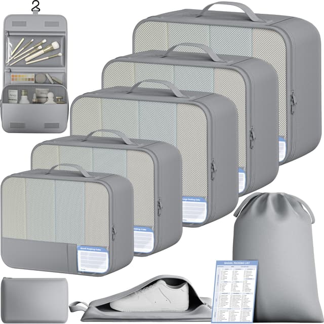 BAGAIL 9 Set Packing Cubes with Packing List Luggage Packing Organizers for Travel Accessories (Pewter Color)