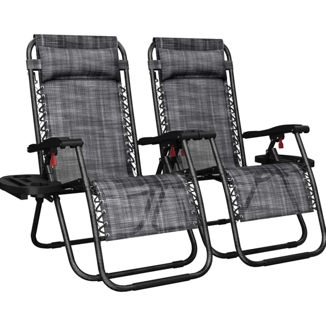 Yaheetech Zero Gravity Recliners Outdoor Adjustable Folding Reclining Lounge Chairs w/Pillows, Cup Holder Trays and Carry Strap for Patio Backyard Beach Gray Set of 2