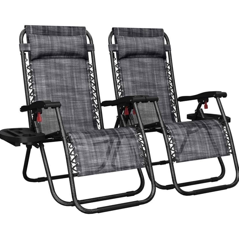 Yaheetech Zero Gravity Recliners Outdoor Adjustable Folding Reclining Lounge Chairs w/Pillows, Cup Holder Trays and Carry Strap for Patio Backyard Beach Gray Set of 2