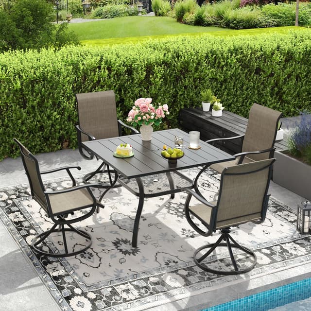 DIFY Patio Table and Chairs Set for 4, 5 Piece Outdoor Dining Set Includes 37.8" Black Square Metal Dining Table with Umbrella Hole and 4 Brown Textilene Swivel Patio Chairs, for Garden Backyard Deck