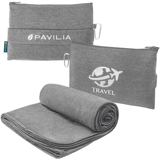 PAVILIA Soft Travel Blanket, Compact Airplane Blanket in Bag, Portable Blanket Pillow Set, Lightweight and Packable Plane Flight Car Trips Travel Home Office Gift Accessories, Gray, 65x40 inches