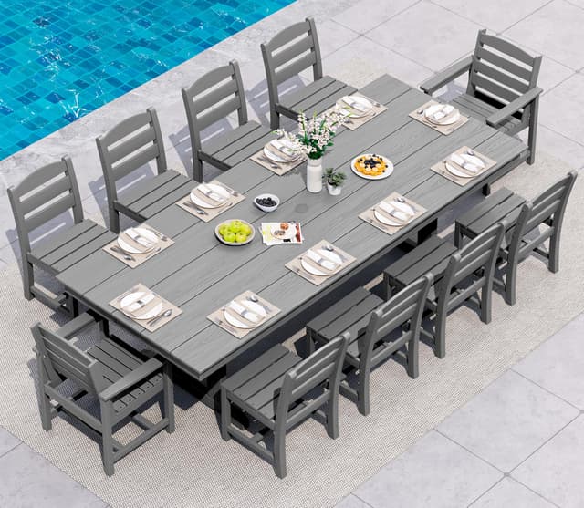 SERWALL 11 Piece Outdoor Dining Set, 84" HDPE Outdoor Table and Chairs for 10,All Weather Patio Furniture Set with Umbrella Hole for Backyard, Garden, Gray