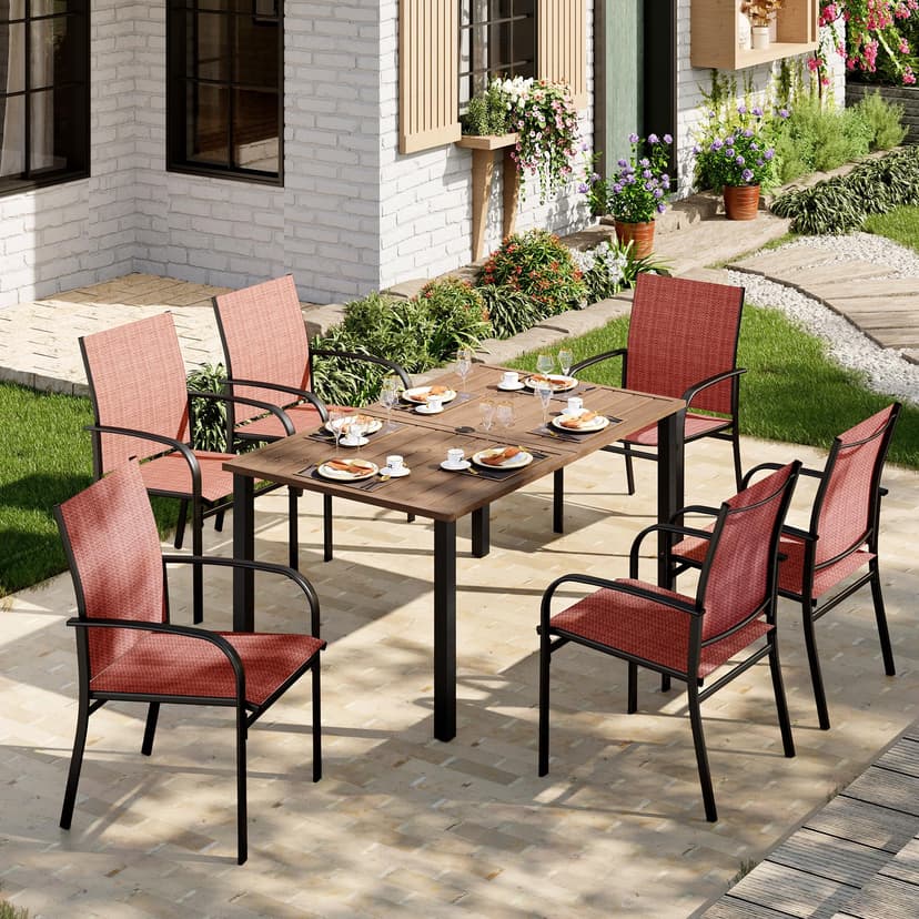 MIXPATIO Patio Table and Chairs Set, Outdoor Dining Set for 6 with Red Chairs and Teak Color Tabletop Outdoor Dining Table, 7-Piece Patio Furniture Set for Deck Backyard Lawn