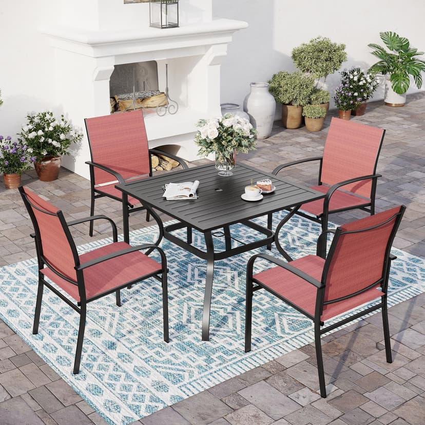 SUNSHINE VALLEY 5 Piece Patio Dining Set for 4, 37”x37” Square Table with Umbrella Hole, 4 Metal Red Chairs, Outdoor Table and Chairs Set for Lawn Backyard and Deck