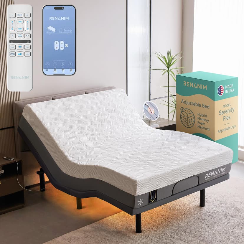 Renanim SF Queen Electric Adjustable Bed Frame with 12" Hybrid Memory Foam Mattress - Adjustable Mattress Base with Electric Massage, USB, UnderBed Light & Wireless Remote