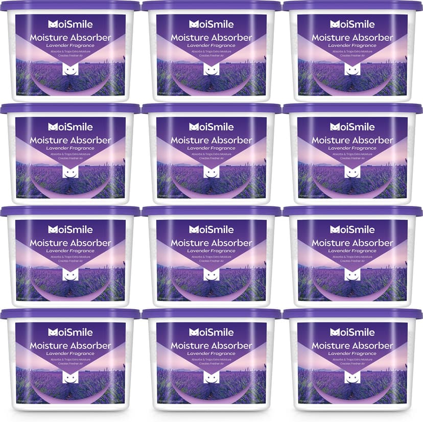 Moismile Moisture Absorbers 12 Packs, 10.8OZ Lavender Vanilla Efficient Humidity Absorber & Odor Eliminator Boxes, Refillable Car Dehumidifier for Closet, Bathroom, Basement& RV