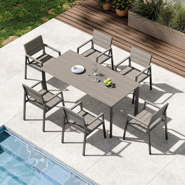 ComfCove Outdoor Patio Dining Set for 6, Aluminum 7 Piece HDPS Patio Table and Chairs Set with Umbrella Hole, Modren Patio Furniture Set, Patio Dining Table and 6 Chairs (Classic Gray)