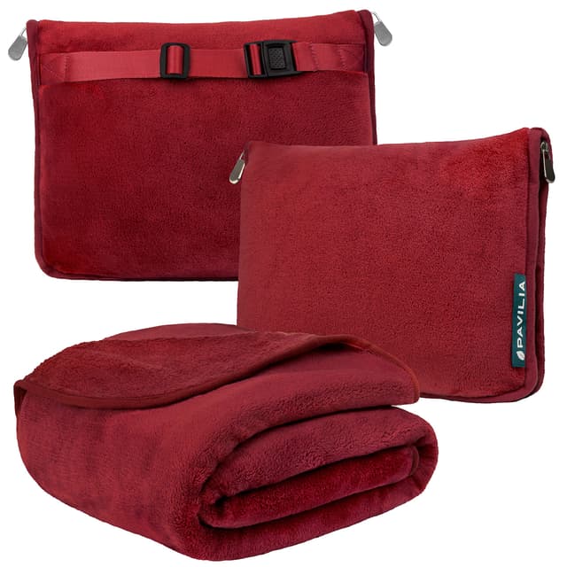 PAVILIA Travel Blanket Pillow, Soft Airplane Blanket 2-in-1 Combo Set, Plane Blanket Compact Packable, Flight Essentials Car Pillow, Travelers Gifts Accessories, Luggage Backpack Strap, 60x43 Red