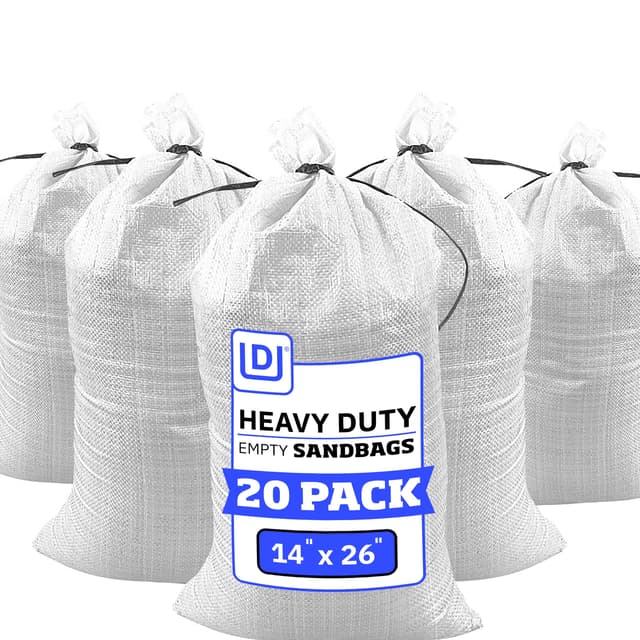 DURASACK Heavy Duty Sand Bags with Tie Strings Empty Woven Polypropylene Sand-Bags for Flood Control with 1600 Hours of UV Protection, 50 lbs Capacity, 14x26 inches, White, Pack of 20