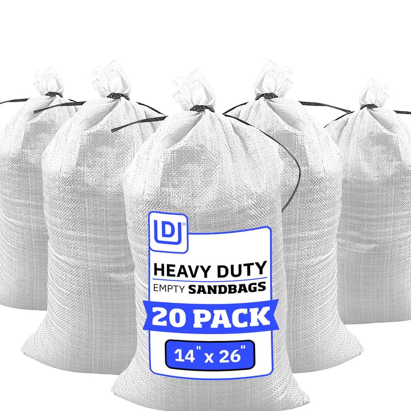 DURASACK Heavy Duty Sand Bags with Tie Strings Empty Woven Polypropylene Sand-Bags for Flood Control with 1600 Hours of UV Protection, 50 lbs Capacity, 14x26 inches, White, Pack of 20