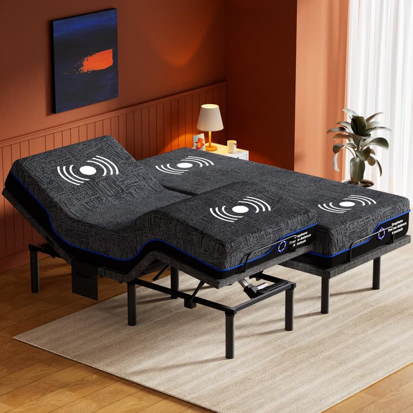 Amada Split King Adjustable Bed Frame and 14 Inch Cooling Gel Memory Foam Mattress Set, Massage, Head & Foot Incline, Wireless Remote, USB Ports, LED Night Light, Medium Firm Support
