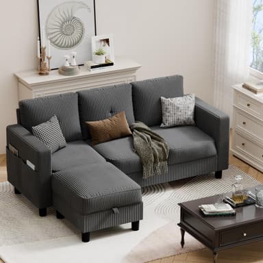 JAMFLY Convertible Sectional Couches for Living Room, L-Shaped Couch 3 Seat Sectional Sofa Set with Corduroy Fabric and Movable Ottoman Small Couch for Apartments, Office(Dark Grey)