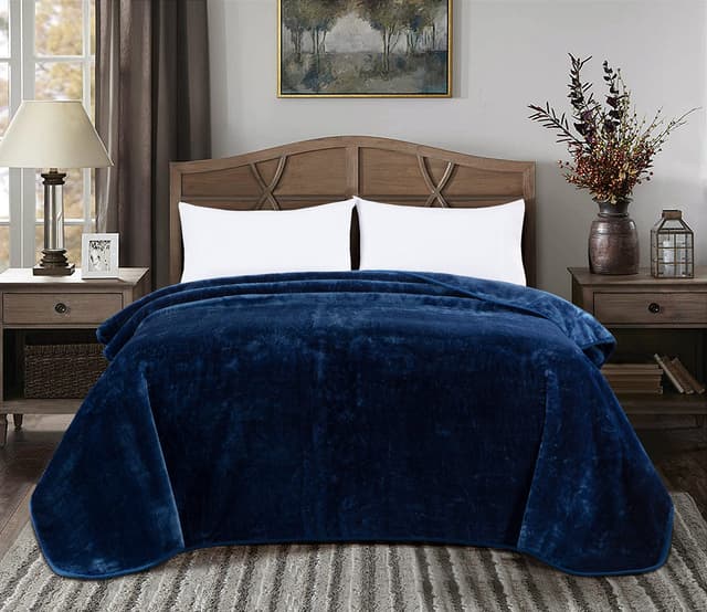 Chezmoi Collection Heavy Single Ply 12.2 Lbs Oversized Korean Style Faux Mink Blanket, 750GSM Thick Silky Soft Plush Raschel Mink Blanket, 92" x 106" US King, Solid Navy
