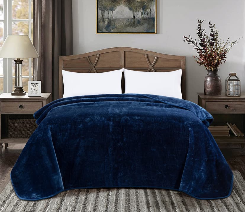 Chezmoi Collection Heavy Single Ply 12.2 Lbs Oversized Korean Style Faux Mink Blanket, 750GSM Thick Silky Soft Plush Raschel Mink Blanket, 92" x 106" US King, Solid Navy