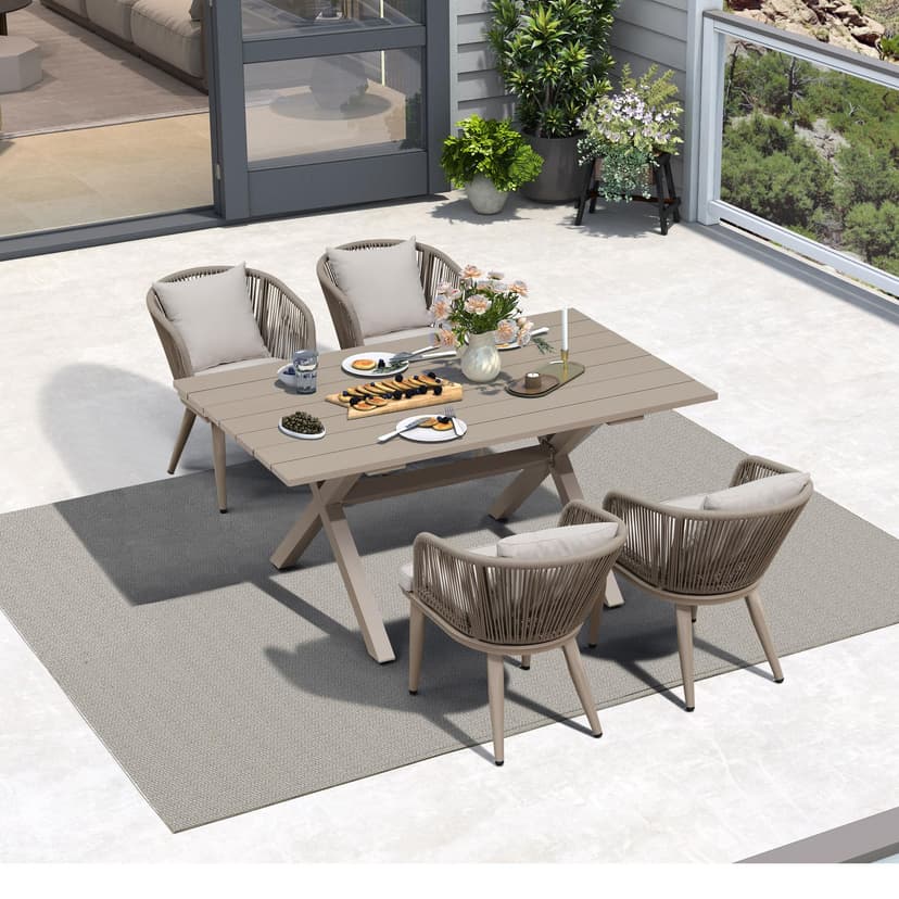 PURPLE LEAF 5 Pieces Patio Dining Set Wicker Outdoor Furniture Rectangular Table and Chairs Set for Garden Deck Aluminum Frame Backyard Kitchen Set, Cushions and Pillows Included Champagne