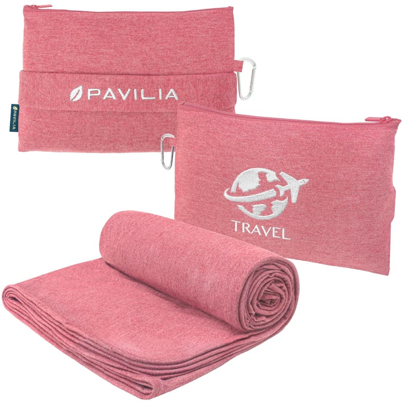 PAVILIA Soft Travel Blanket, Compact Airplane Blanket in Bag, Portable Blanket Pillow Set, Lightweight and Packable Plane Flight Car Trips Travel Home Office Gift Accessories, Pink, 65x40 inches