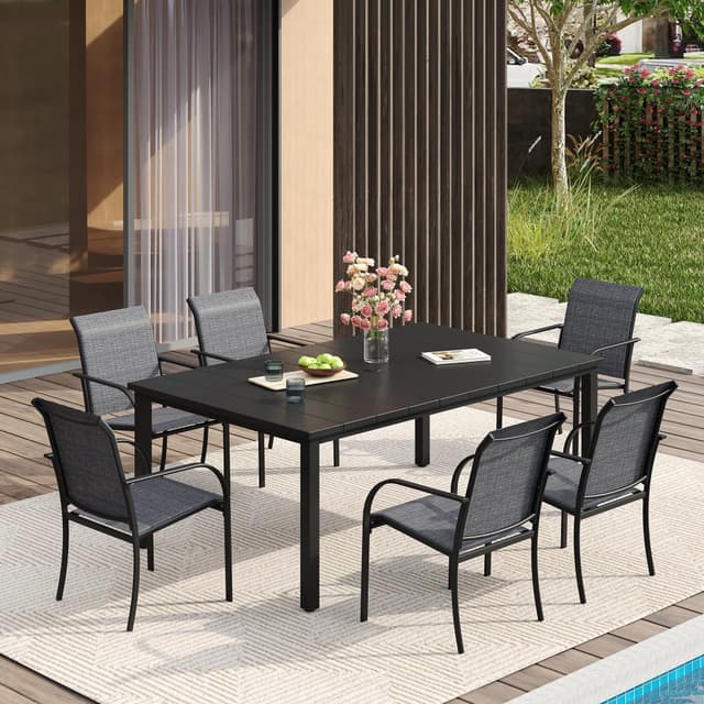 VICLLAX Patio Dining Set for 6, Outdoor Furniture Set Includes 63" Rectangle Patio Table and 6 Patio Sling Chairs, Outdoor Table and Chairs for Outsides, Black Tabletop and Dark Grey Fabric