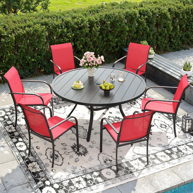 DIFY Outdoor Dining Set for 6, Patio Dining Furniture Set Includes 47.2" Black Round Table with Adjustable Umbrella Hole and 6 Red Stackable Metal Chairs for Poolside, Garden, Backyard