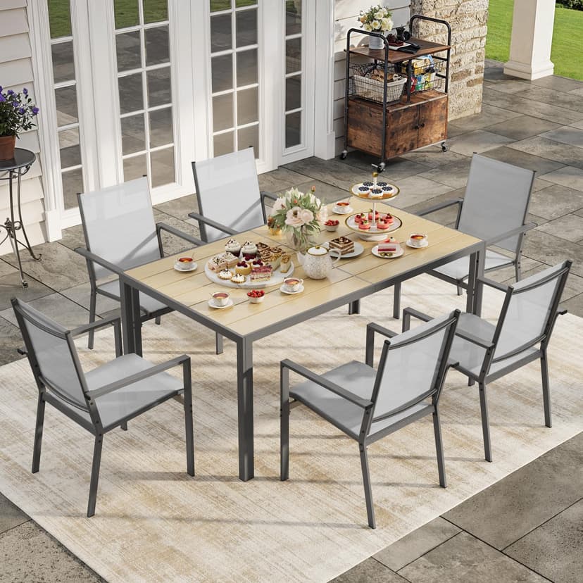 Ahomly Patio Table and Chairs Set for 6, Outdoor Dining Set Includes 59.5" Rectangle Patio Table with Side Umbrella Hole and 6 Textilene Fabric Patio Chairs for Courtyard, Backyard, Pool, Grey&Brown