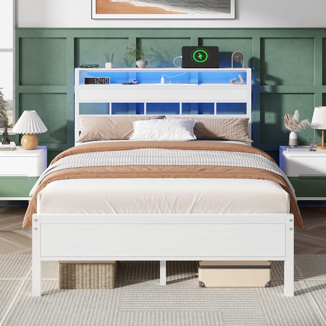 Furnulem Full Size Bed Frame with LED Light and Charging Station, Wood Storage Headboard with 2-Tier Shelves, Metal Platform Bed with Heavy Duty Slats Support, No Box Spring Needed, White