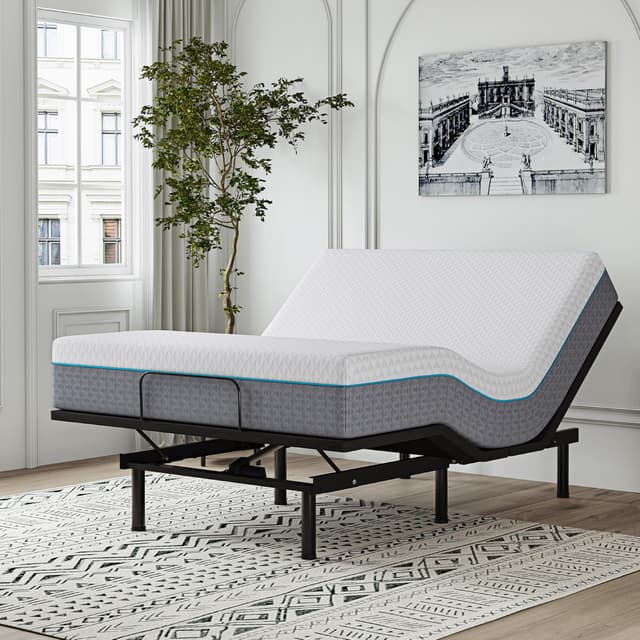 EGOHOME Adjustable Bed Frame Queen and 14 inch Charcoal Gel Memory Foam Mattress Set for Pain Relief, Metal Foldable Bed Base with Remote for Independent Head and Foot Incline, Zero Gravity Mode