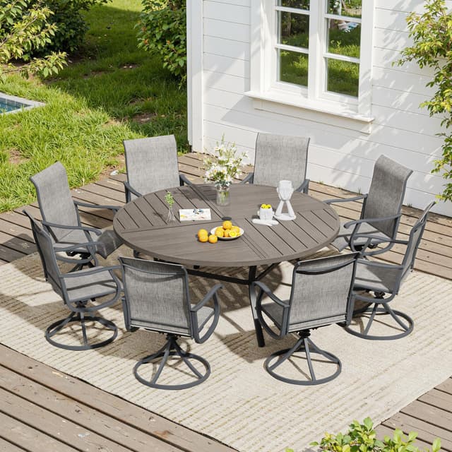VICLLAX 9 Pieces Patio Dining Set, Patio Furniture Set of 8 Patio Swivel Dining Chairs and 60" Patio Spliced Round Tabletop, Grey Chairs & Antique Grey Tabletop